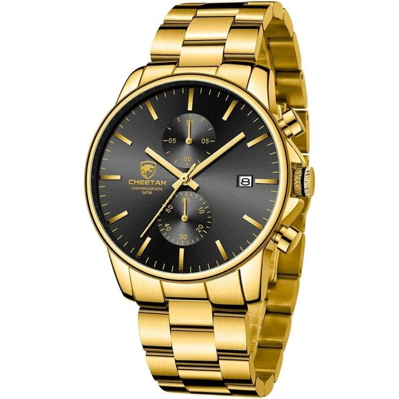 GOLDEN HOUR Men's Gold Black Stainless Steel Chronograph Quartz Watch Waterproof - Picture 1 of 7